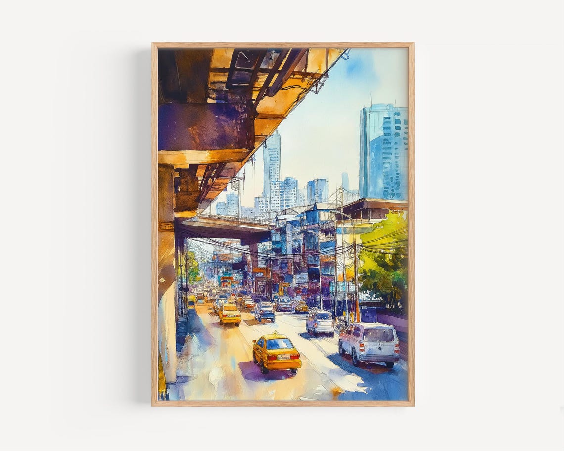 Bangkok City Street Traffic Skytrain Overpass Watercolor Poster
