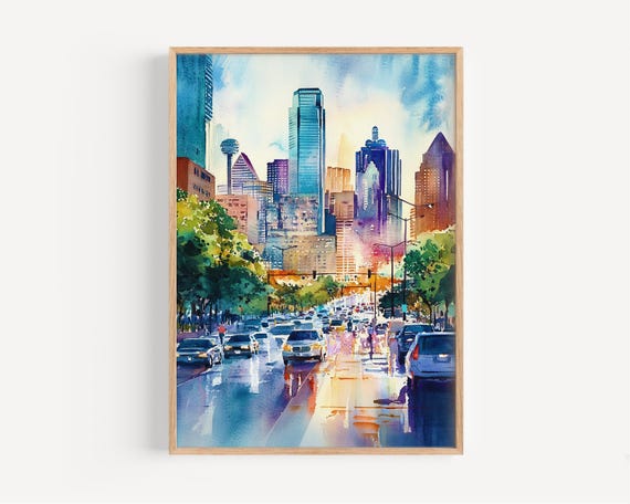 Dallas Watercolor Painting Wall Art Print Texas Poster Usa Travel Decor Illustration Home America