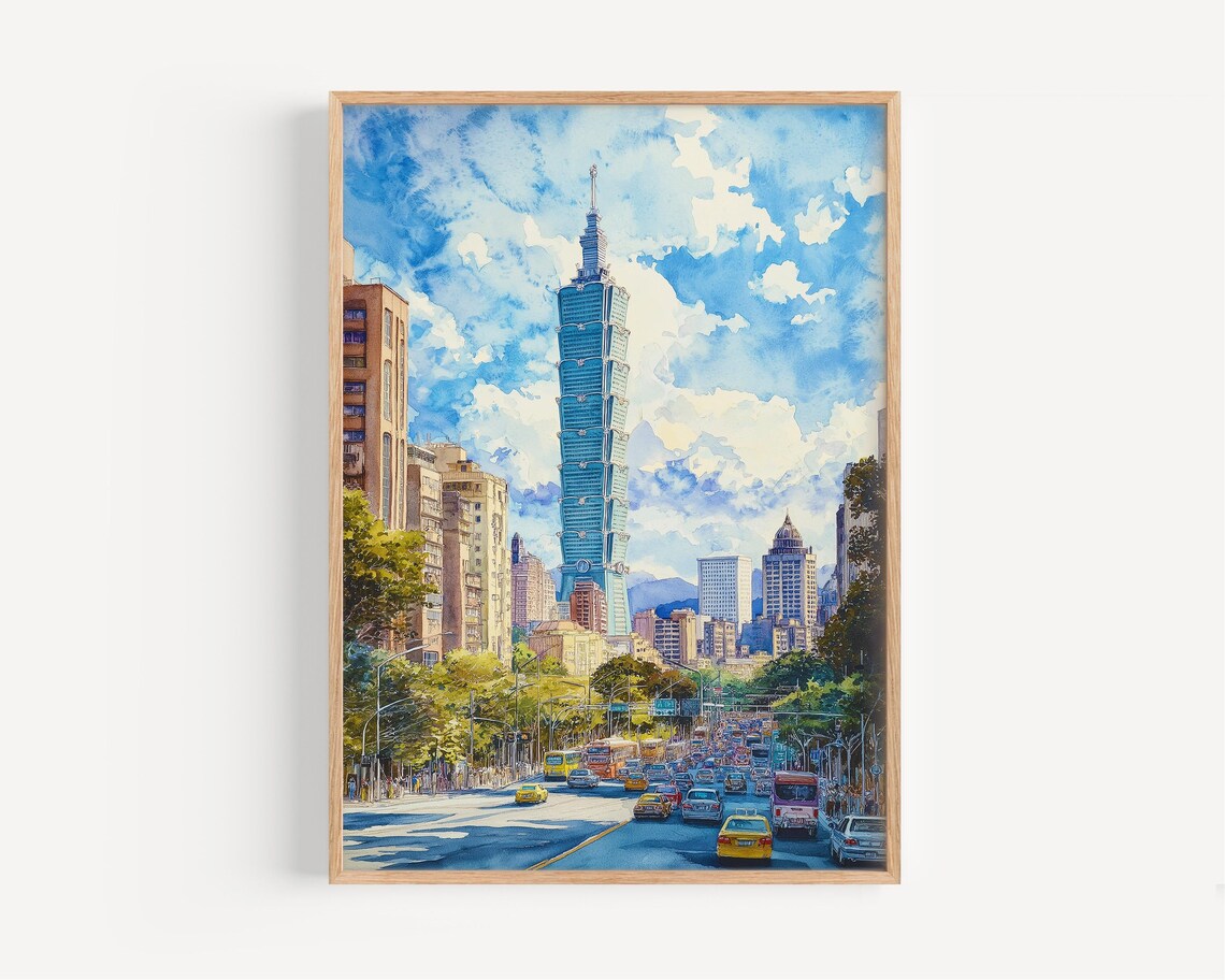 Taipei Watercolor Travel Poster, Taiwan Wall Art