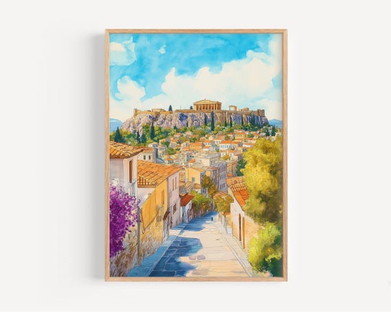 Athens Watercolor Painting Wall Art Print Europe Travel Greece Poster Decor Illustration Home Artwork