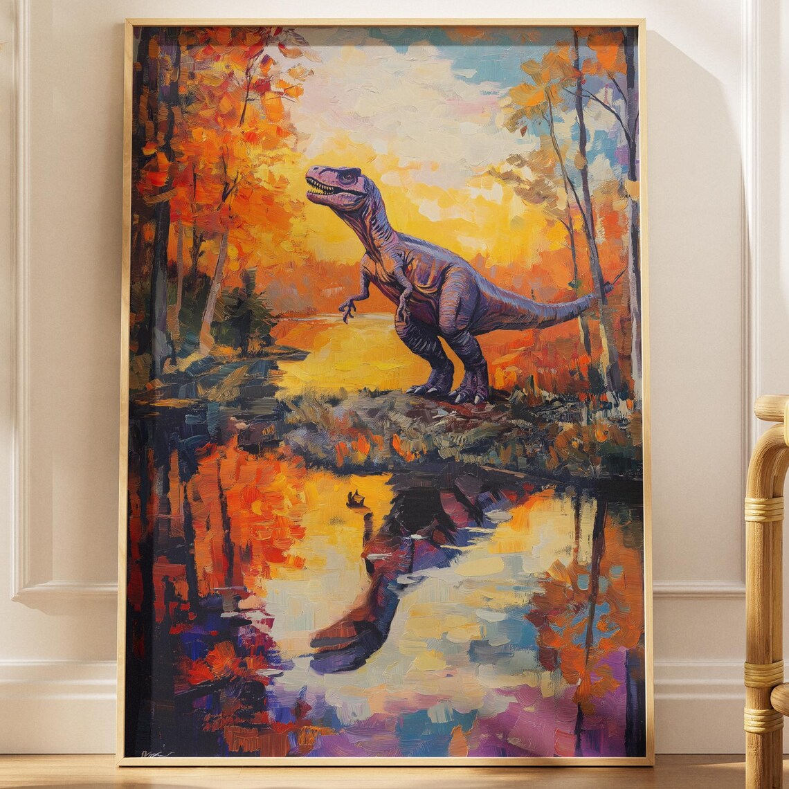 Autumn Dinosaur Poster Fiery Lake Reflection Art Print