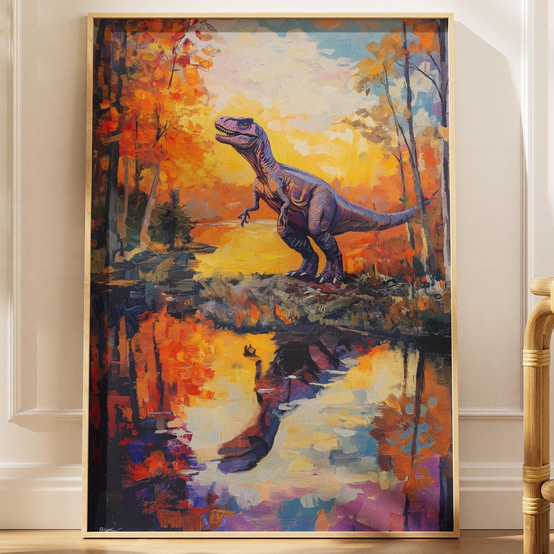 Autumn Lake Dinosaur Reflection Fiery Foliage Painterly Art Poster