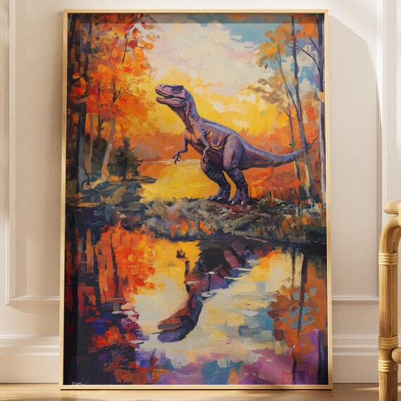Autumn Lake Dinosaur Reflection Fiery Foliage Painterly Art Poster