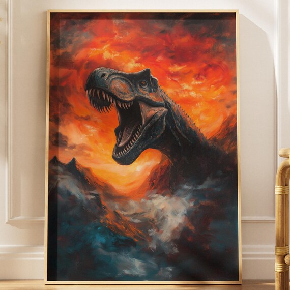 Fiery Trex Digital Download Dinosaur Wall Art Printable Dramatic Sunset Scene Prehistoric Home Decor