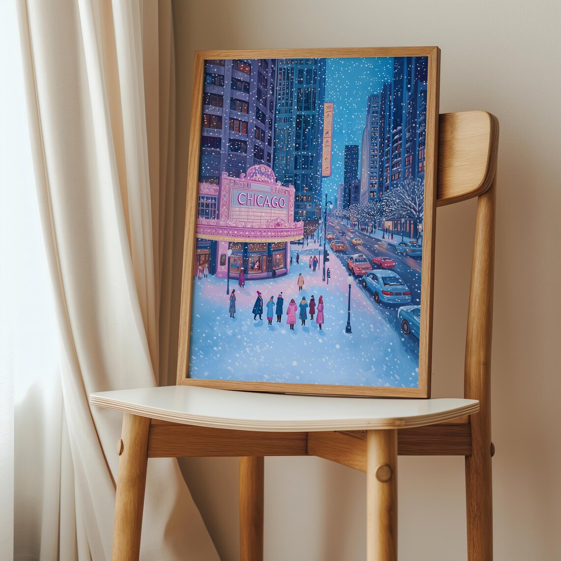 Pink Snowy Night at the Chicago Theatre Marquee Street Poster - Image 2