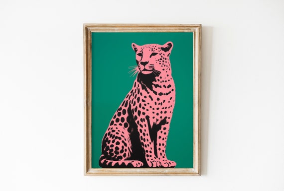 Pink Leopard Green Background Bold Pop Art Animal Wall Poster