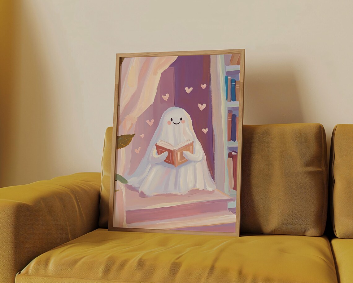 Cute Ghost Reading in a Library with Hearts Sweet Valentine Art Poster - Image 4