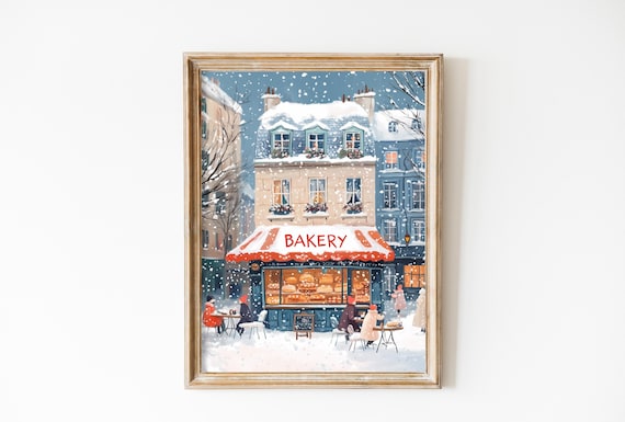 Paris Bakery with Red Awning in Snowy Winter Street Scene Poster