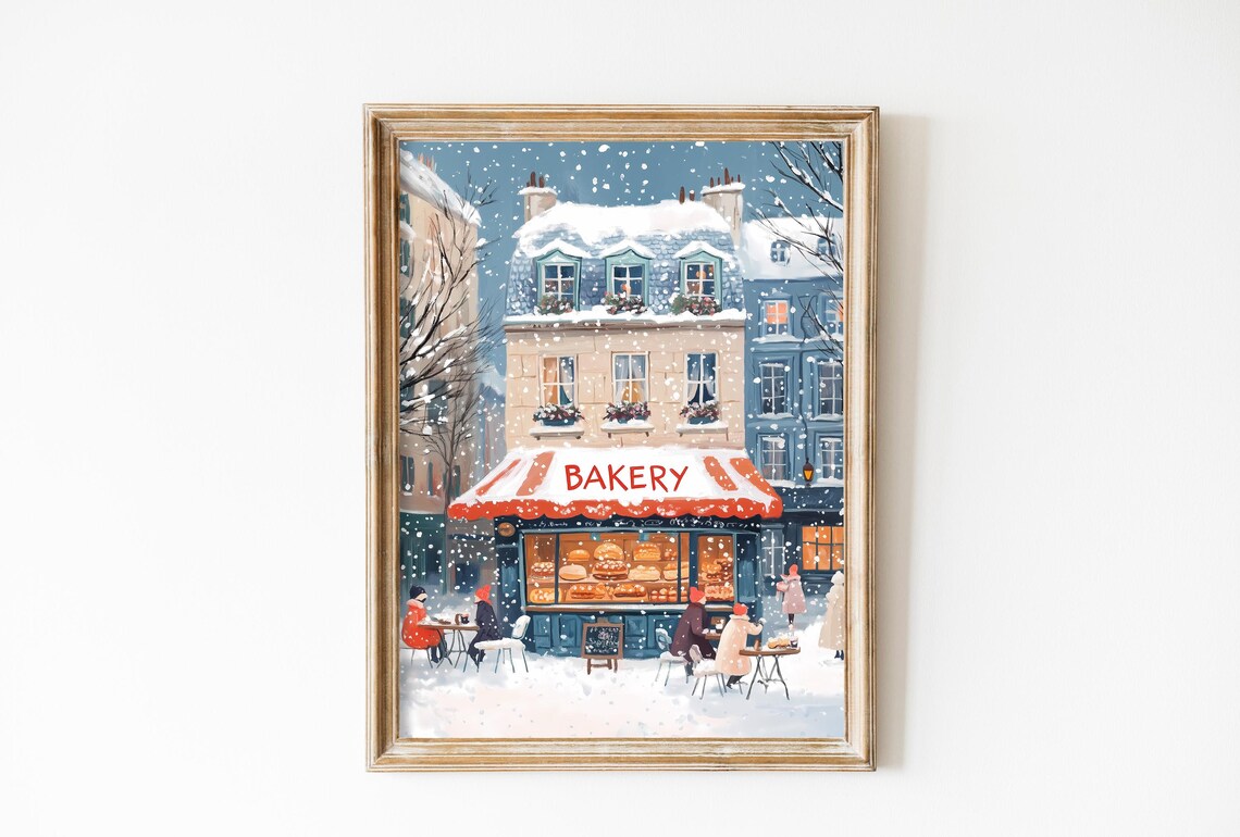 Paris Bakery with Red Awning in Snowy Winter Street Scene Poster