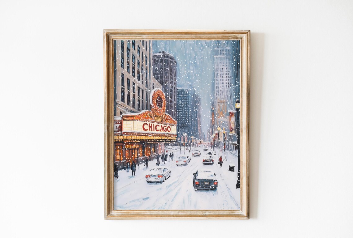 Vintage Christmas Chicago Travel Poster, Winter Night