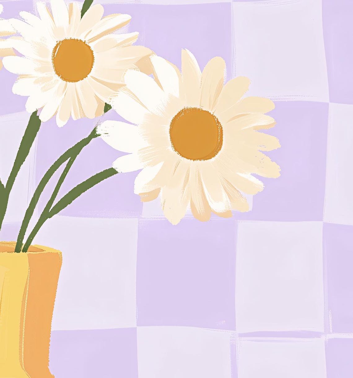 White Daisies In Yellow Vase On Purple Checkerboard Art Poster - Image 3