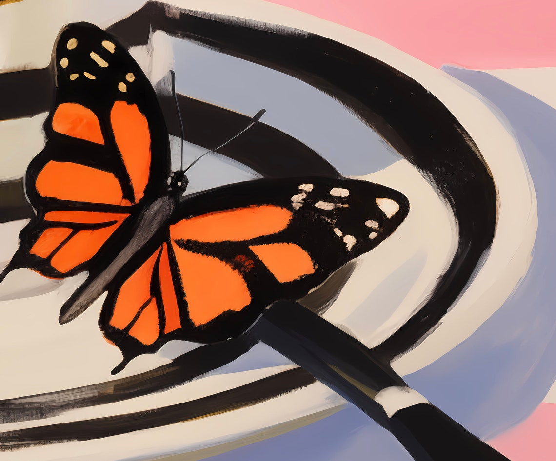 Striped Coffee Cup Monarch Butterfly Modern Pink Kitchen Art Poster - Image 2