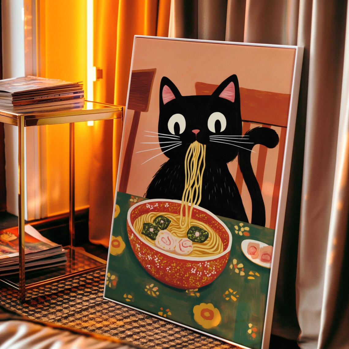 Black Cat Eating Ramen Noodles Cute Cartoon Kitchen Art Poster - Image 2