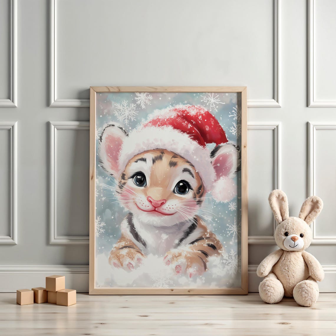 Cute Baby Tiger Cub in Santa Hat Playing in Soft Snowfall Poster - Image 2