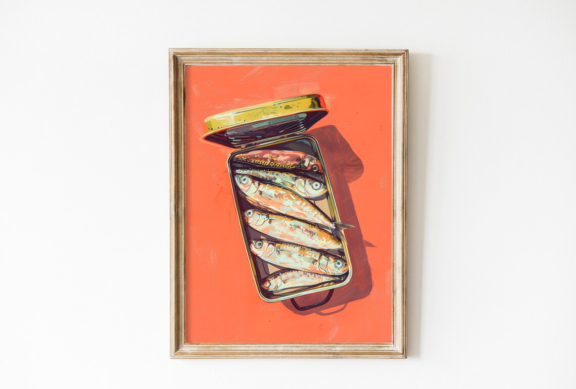Red Sardines Tin Print, Retro Kitchen Food Art