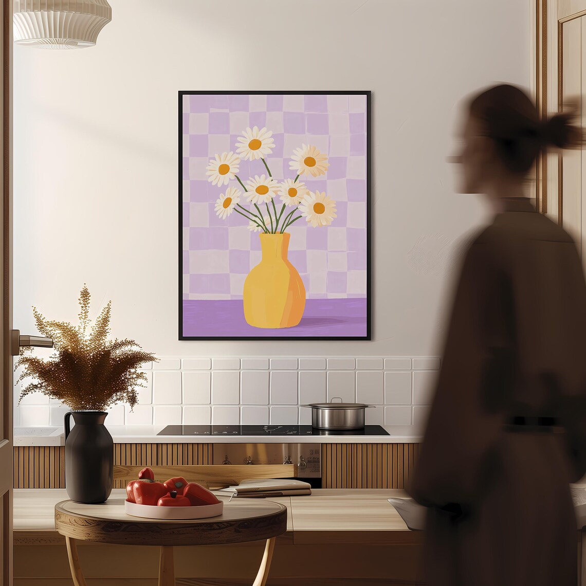 White Daisies In Yellow Vase On Purple Checkerboard Art Poster - Image 2