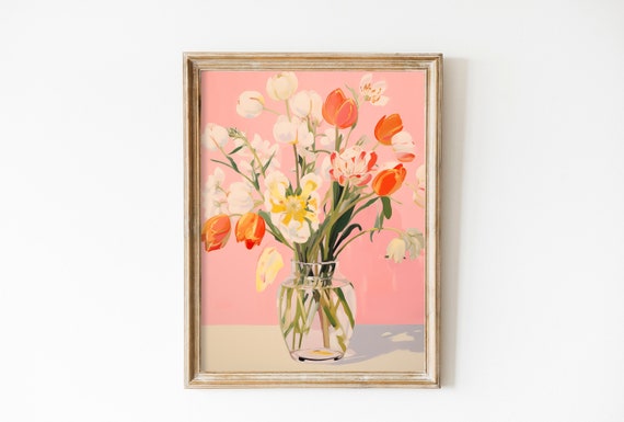 Pink Tulips Vintage Flower Art Print, Danish Pastel