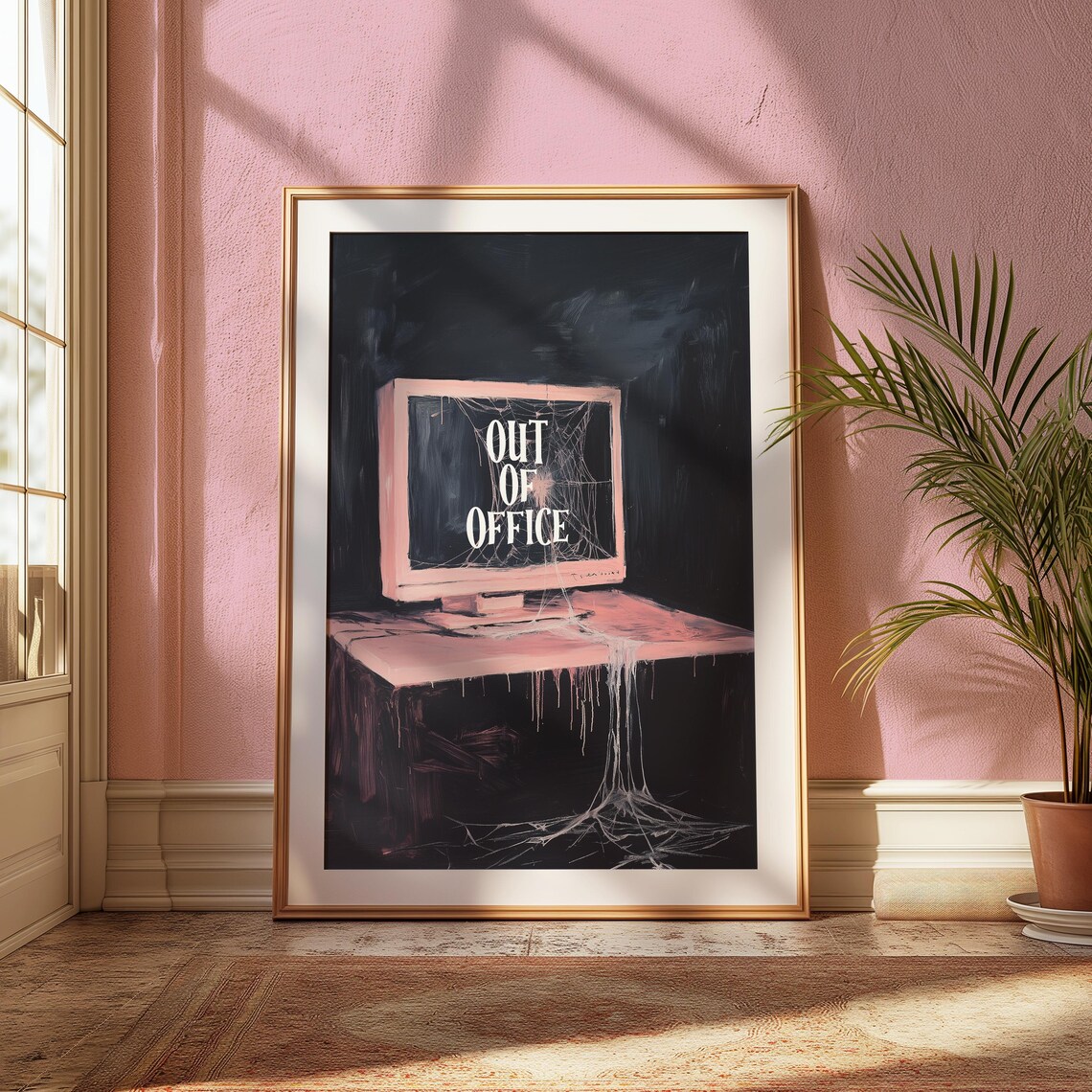 Out Of Office Pink Computer Monitor With Cobwebs Halloween Poster - Image 2