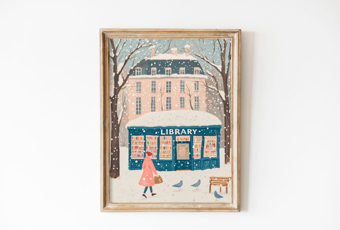 Snowy Neighborhood Library with Reader Girl in Pink Coat Poster