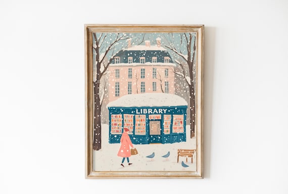 Snowy Neighborhood Library with Reader Girl in Pink Coat Poster
