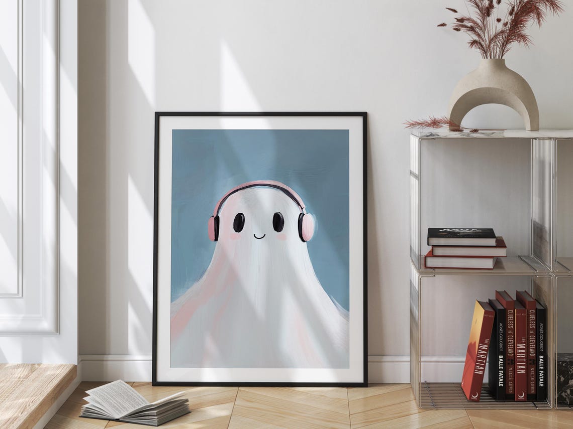 Cute Ghost Wearing Pink Headphones On Blue Background Art Poster - Image 3