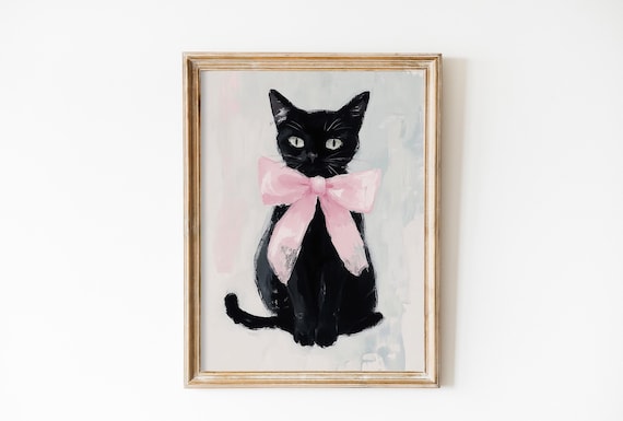 Black Cat With Pink Bow Watercolor Portrait Soft Pastel Art Poster