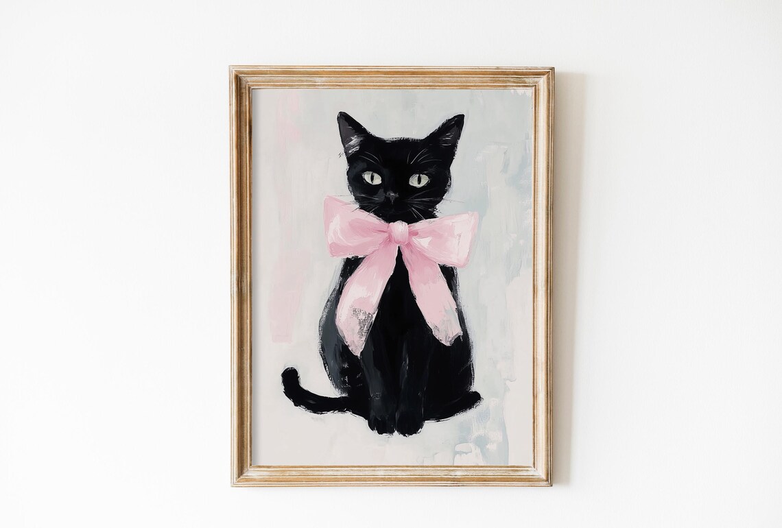 Black Cat With Pink Bow Watercolor Portrait Soft Pastel Art Poster