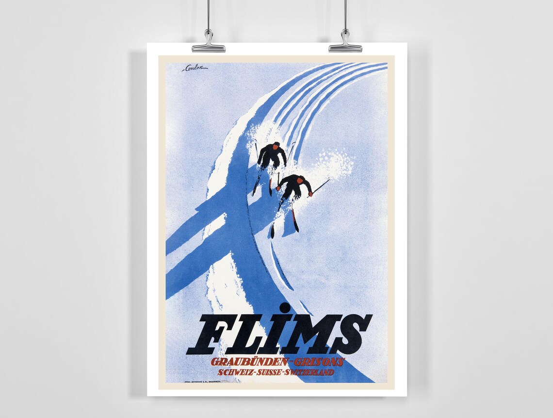 Flims Graubunden Vintage Ski Poster Twin Racers Swiss Alps Retro Art