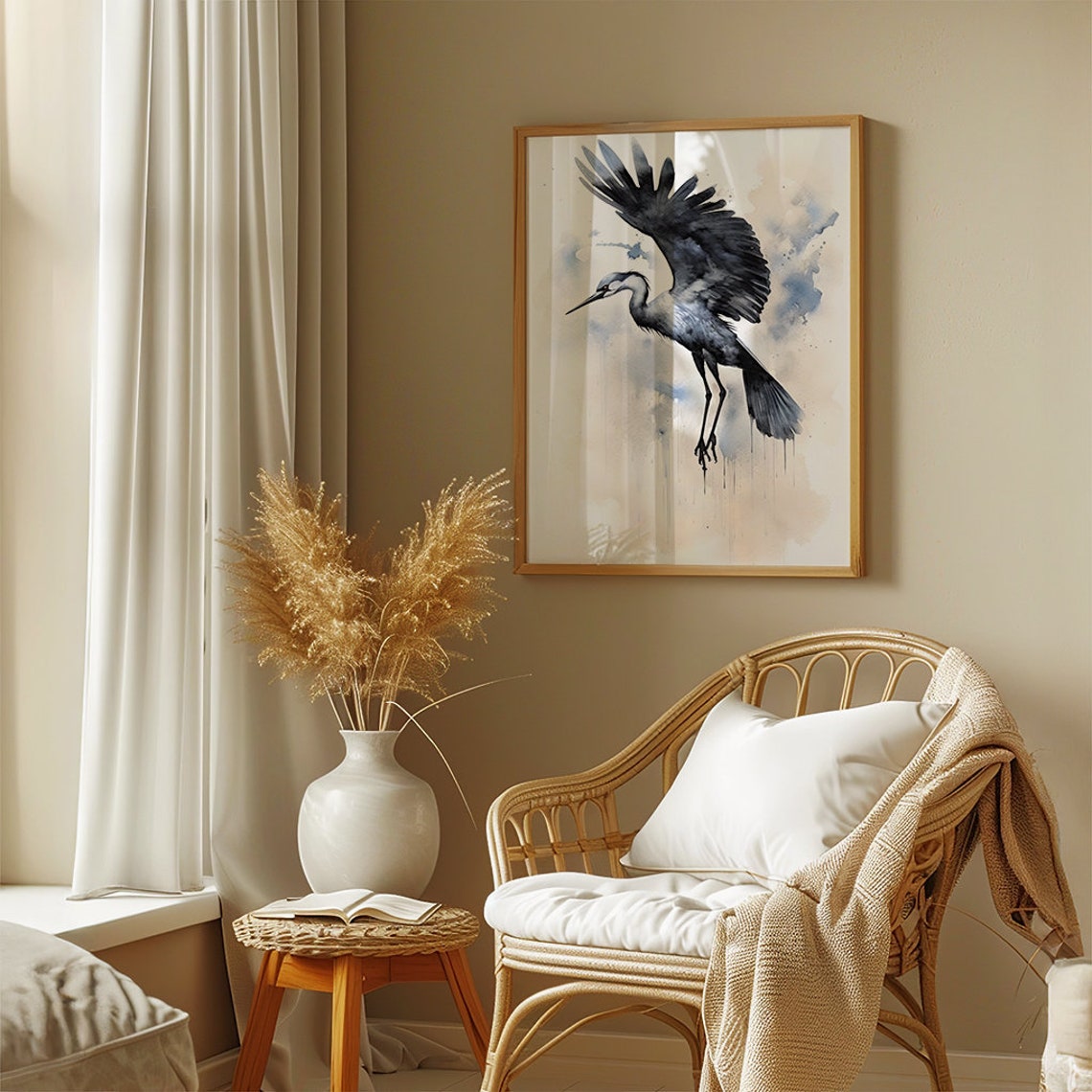 Great Crane in Flight in Soft Ink Wash Watercolor Style Poster - Image 6