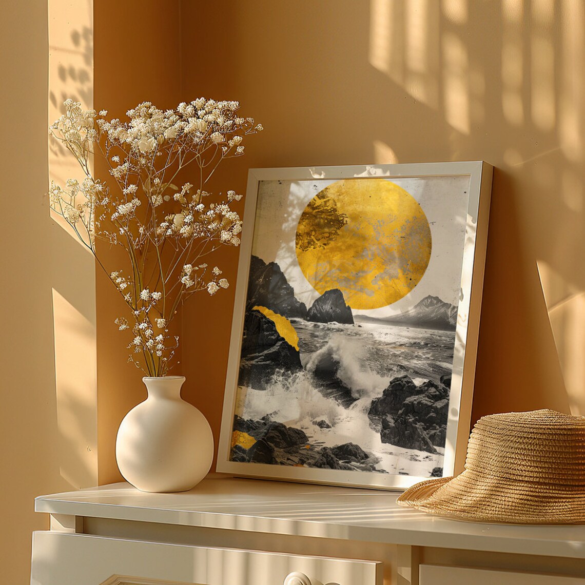 Golden Moon Rising Above Stormy Black Sea Rocks Wabi Sabi Poster - Image 5