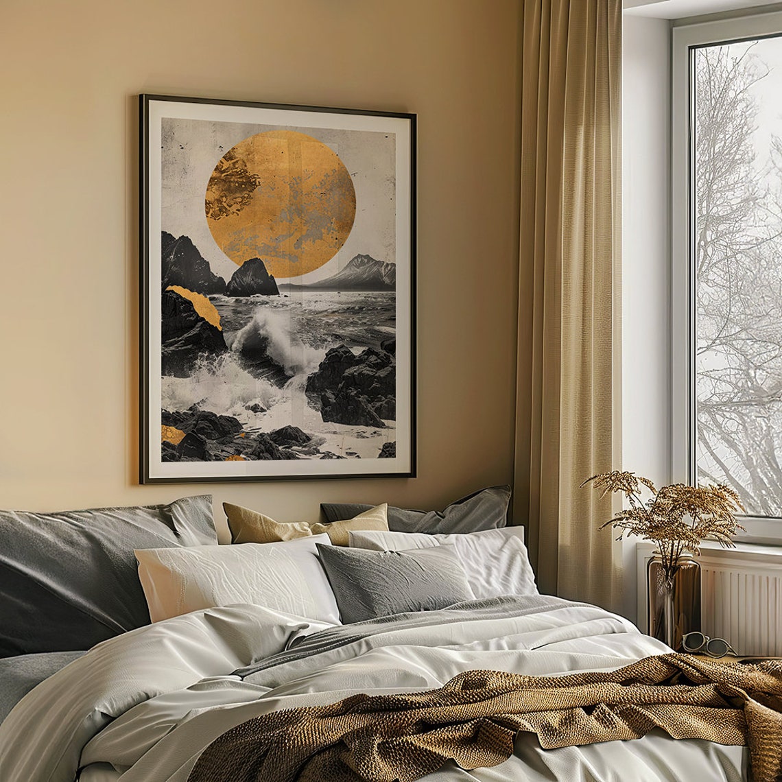 Golden Moon Rising Above Stormy Black Sea Rocks Wabi Sabi Poster - Image 3