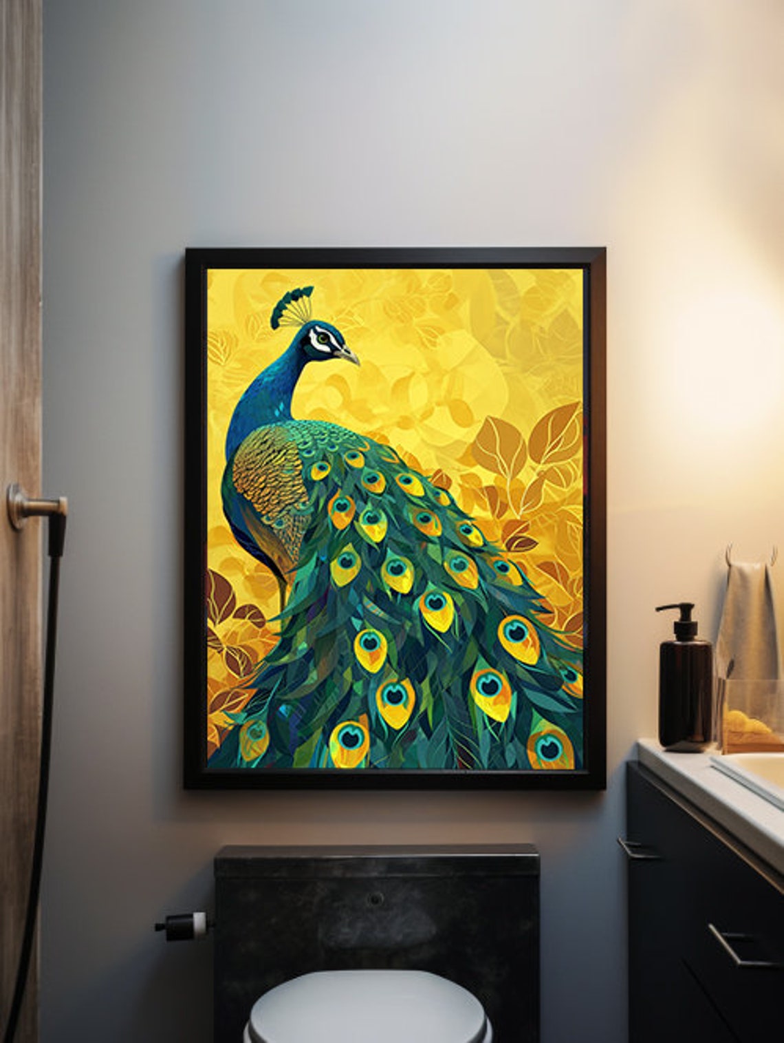 Emerald Green Peacock Displayed on a Golden Floral Background Poster - Image 4