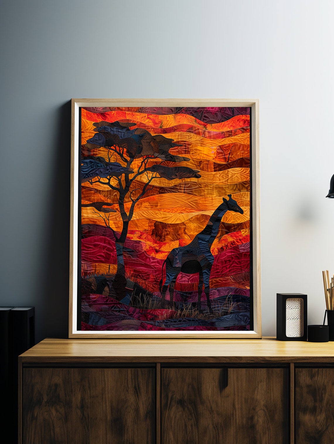 Giraffe Silhouette at a Fiery Sunset in Textured Paper Cut Poster
