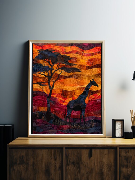 Giraffe Silhouette at a Fiery Sunset in Textured Paper Cut Poster