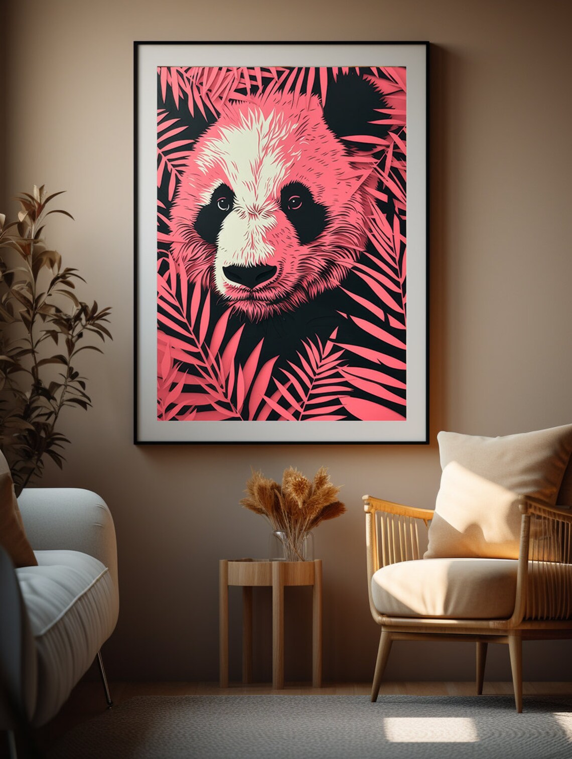 Pink Panda Face Hidden in Tropical Leaves Paper Cut Style Poster - Image 5
