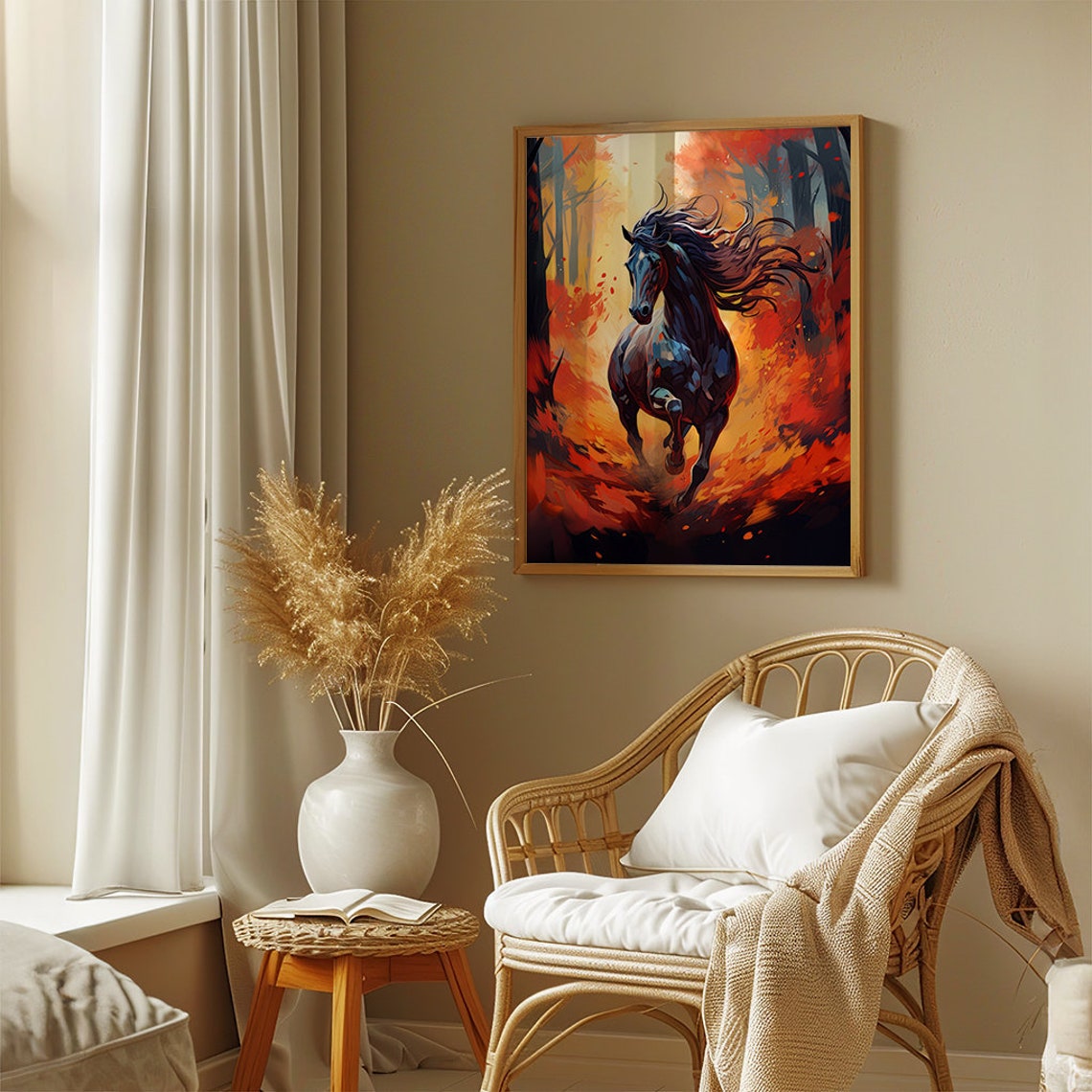 Black Horse Galloping Through a Blazing Autumn Fire Forest Poster - Image 3