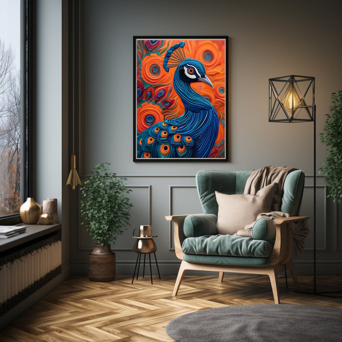 Stylized Blue Peacock Set Against a Swirling Orange Sky Poster - Image 4