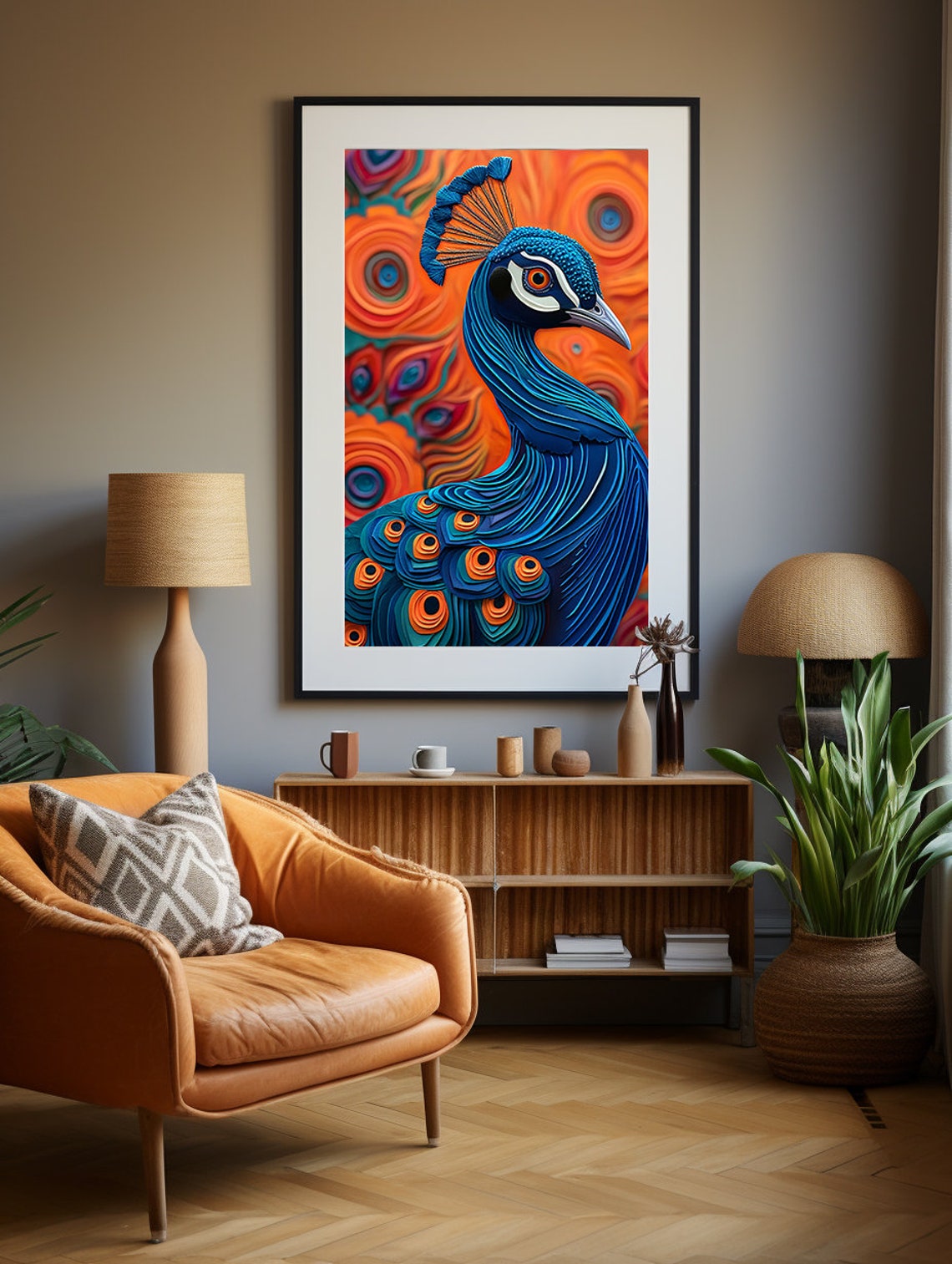 Stylized Blue Peacock Set Against a Swirling Orange Sky Poster - Image 2