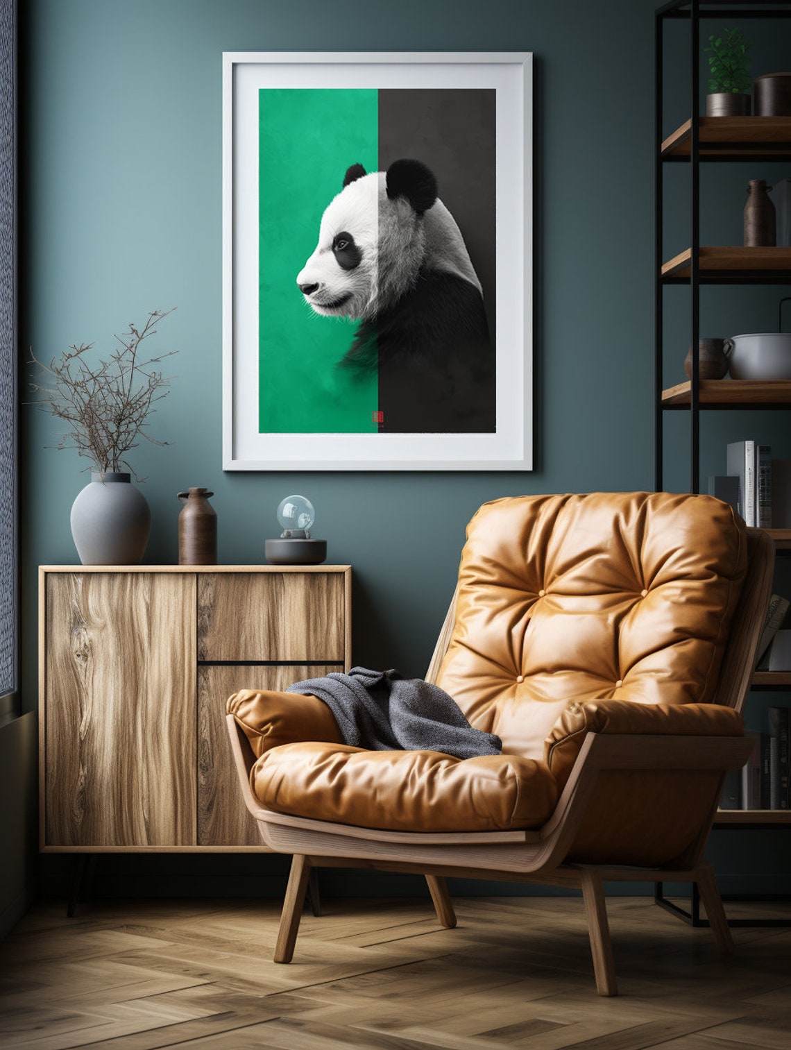 Panda Profile Against a Split Green and Black Modern Background Poster - Image 4