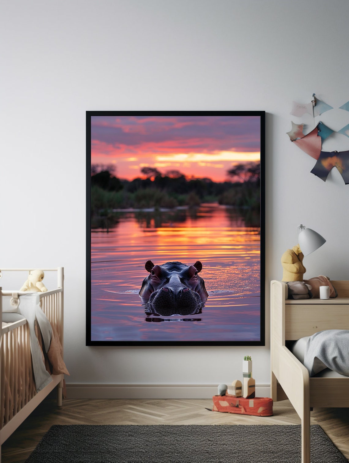 Lone Hippo Rising at a Pink Purple Sunset Over Still Water Poster - Image 5