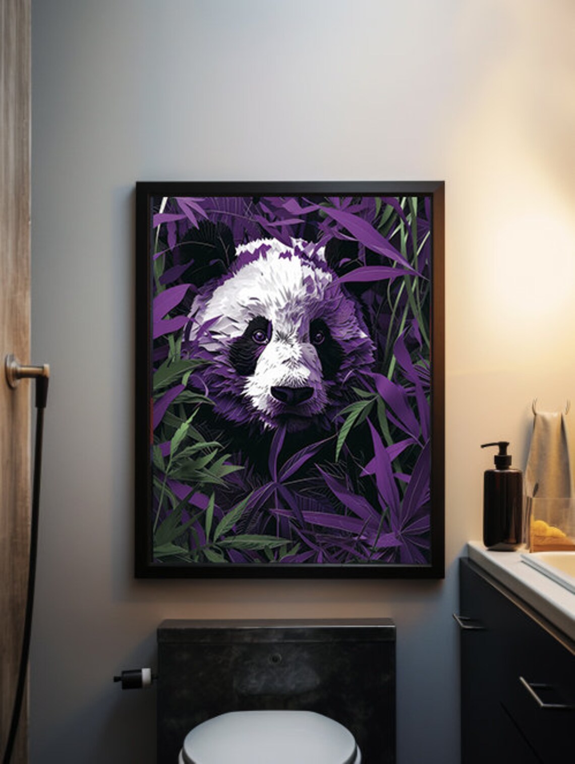 Paper Cut Panda Face Emerging from Purple Bamboo Leaves Poster - Image 4