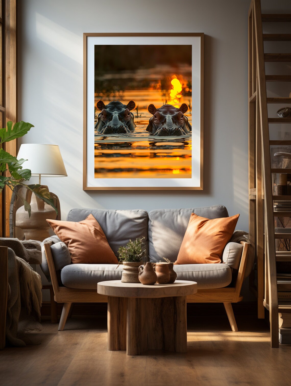 Majestic Two Hippos Watching Golden Sunset Over an African River Poster - Image 6