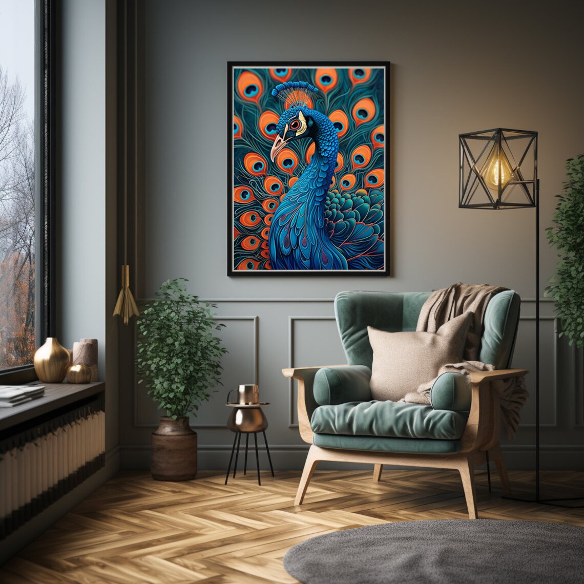 Blue Peacock Head Rising Over a Turquoise Feather Fan Poster - Image 5