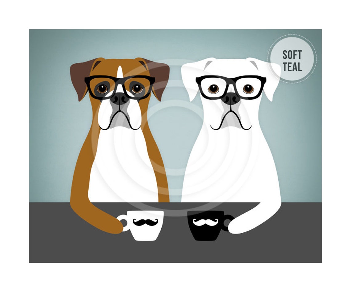 Two Hipster Boxer Dogs With Glasses Drinking Coffee Mugs Poster - Image 4