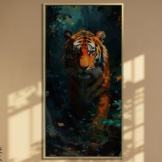 Orange Tiger In Dark Jungle Painted Wildlife Portrait Wall Art