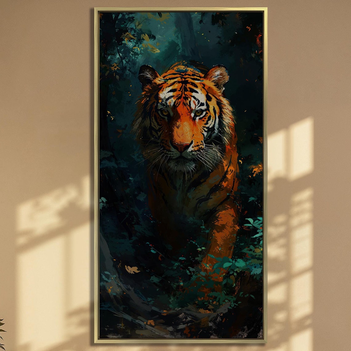 Orange Tiger In Dark Jungle Painted Wildlife Portrait Wall Art