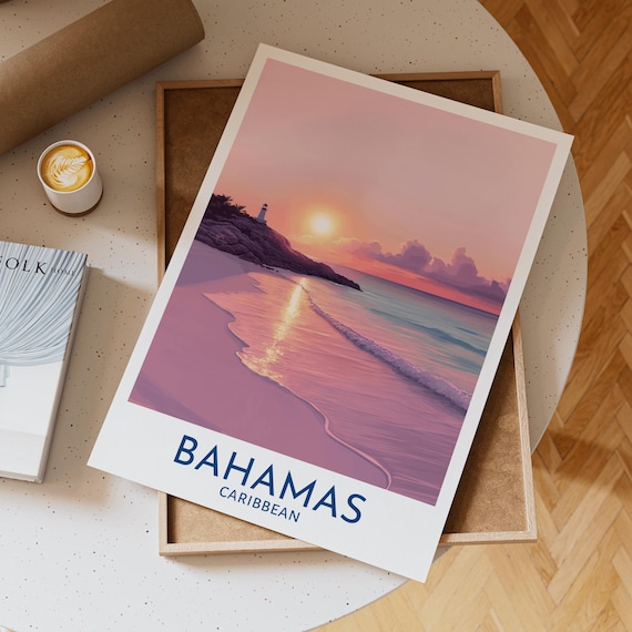 Bahamas Pink Sand Beach Lighthouse Caribbean Sunset Travel Poster