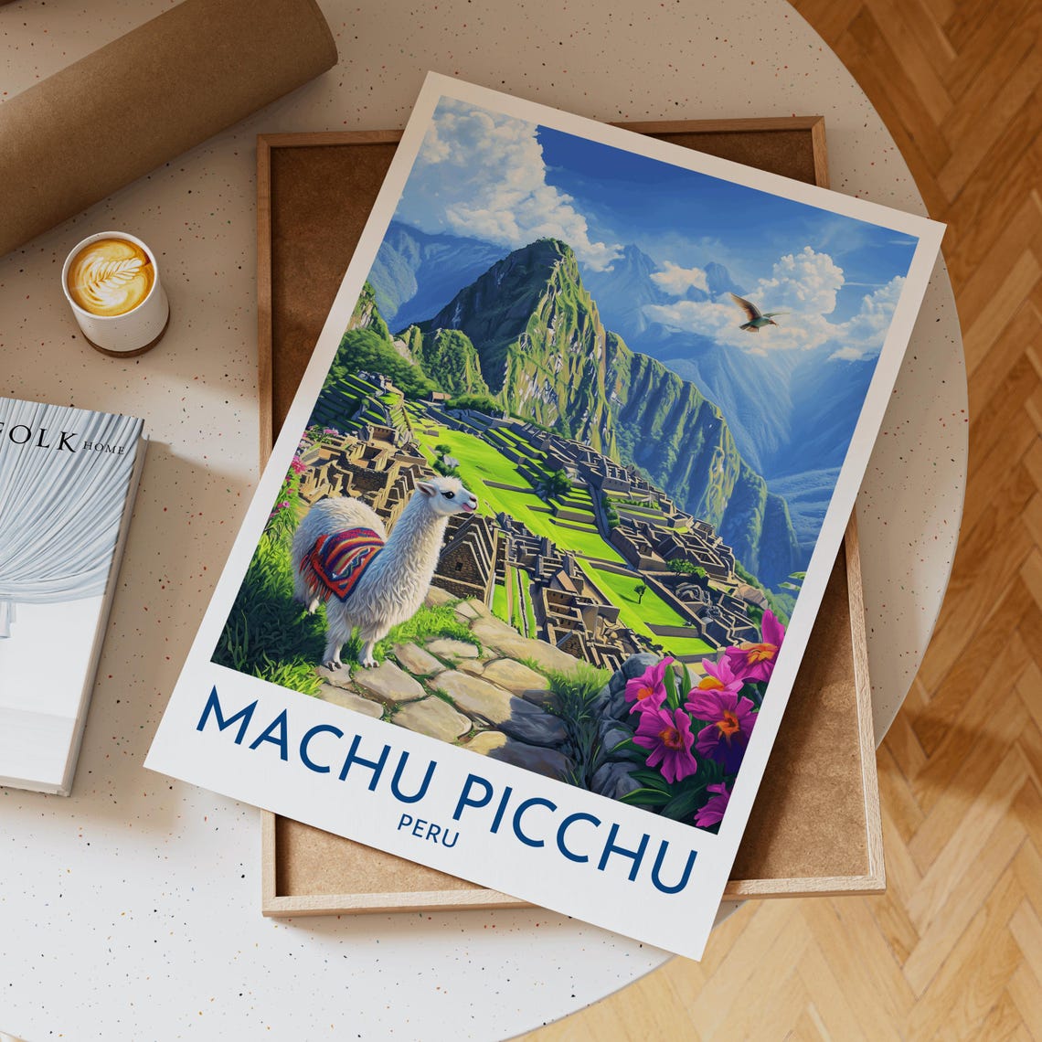 Machu Picchu Peru Travel Poster With Llama And Incan Ruins View