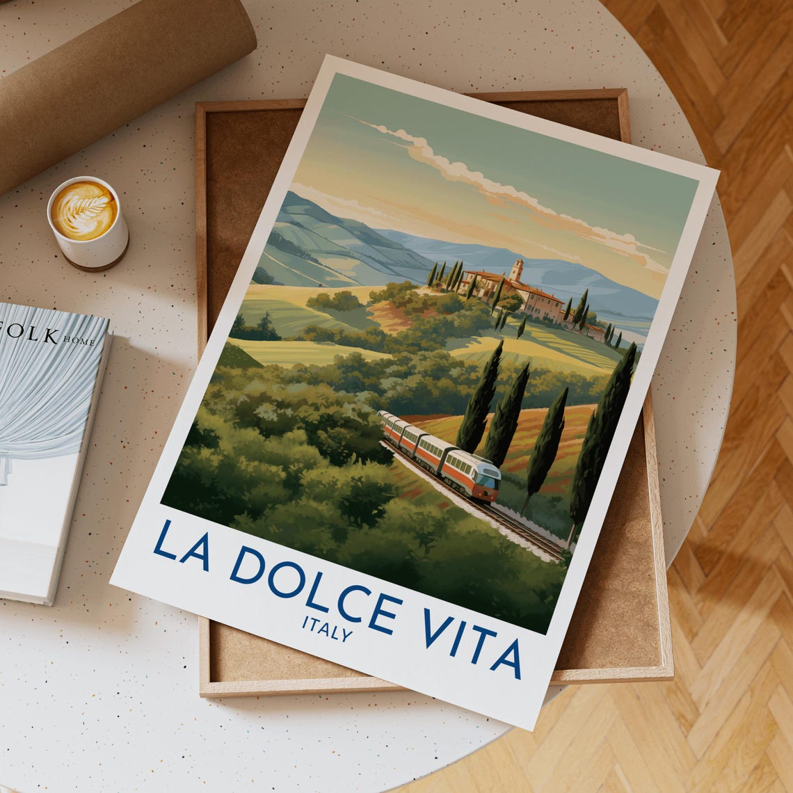 La Dolce Vita Italy Tuscan Hills Train Hilltop Villa Vintage Poster