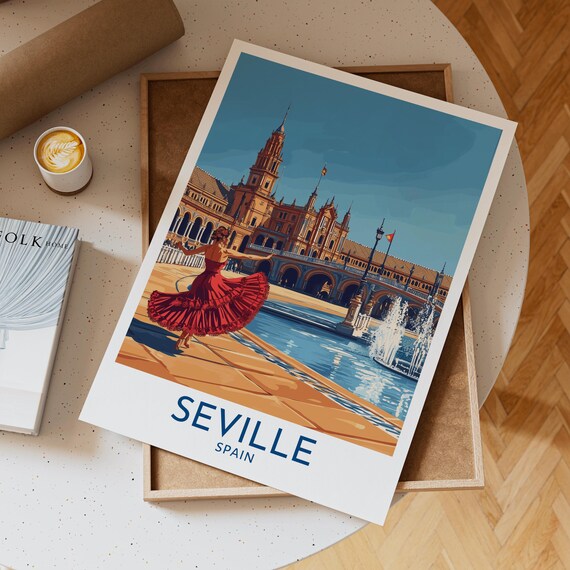 Seville Spain Flamenco Dancer Plaza de Espana Vintage Travel Poster